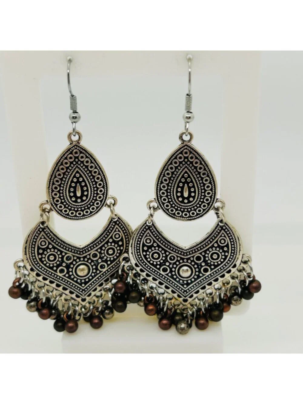 Boho Silver Chandelier Earrings Dangle Fringe Ethnic Beaded Statement Gypsy Drop